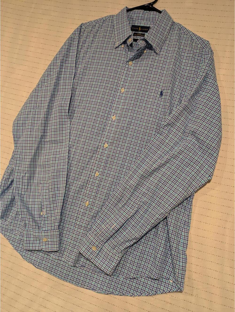Ralph Lauren Blue Checkered Long Sleeve Shirt Slim Fit 100% Cotton Stretch XXL - Picture 3 of 9